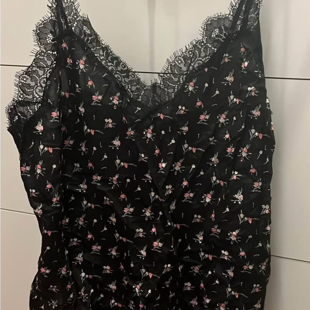 Floral Lace Trim Black Pajama Set